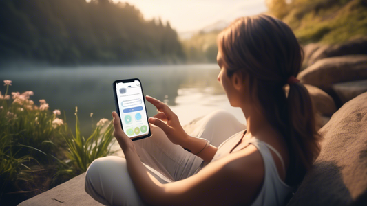 Create an image of a person sitting in a peaceful and serene environment, looking at a smartphone with a mental wellness app open on the screen. The app should have calming and motivational features, such as meditation guidance, mood tracking tools,