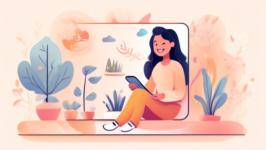 Create an image of a person smiling and using a mobile app named AI Therapy on their smartphone. The app interface should display calming colors and soothing graphics, while the person is sitting in a cozy and comforting environment such as a living
