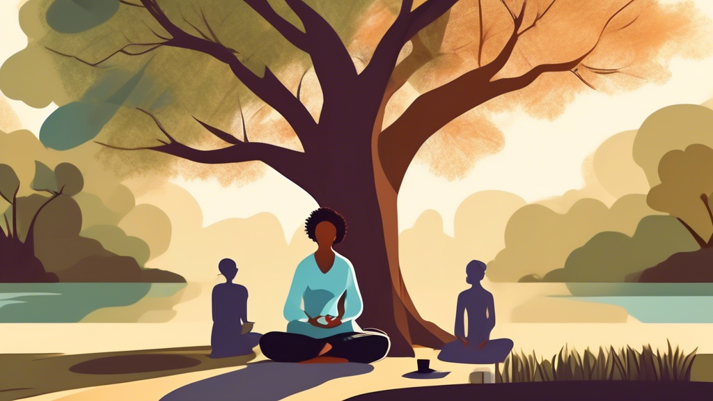 Create an image of a person sitting cross-legged under a tree in a serene, peaceful setting, having a supportive conversation with a therapist or counselor. Surround them with visual representations of different mental health support methods, such as