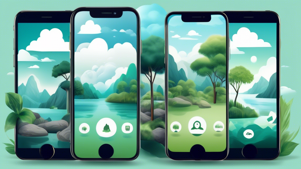 Create an image of a peaceful and serene virtual landscape with multiple smartphones displaying different stress management apps, such as meditation, breathing exercises, nature sounds, and relaxation techniques. Each phone screen shows a different a