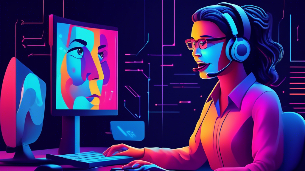 Create an image of a customer service representative talking to a computer screen displaying AI support with empathetic facial expressions, showcasing a collaboration between human and artificial intelligence to enhance customer service. The setting 