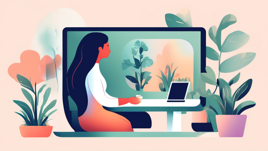 Create an image of a person sitting at a computer, feeling overwhelmed and seeking virtual mental health support through an online counseling session. The screen should show a therapist providing guidance and support in a comforting manner. Surroundi