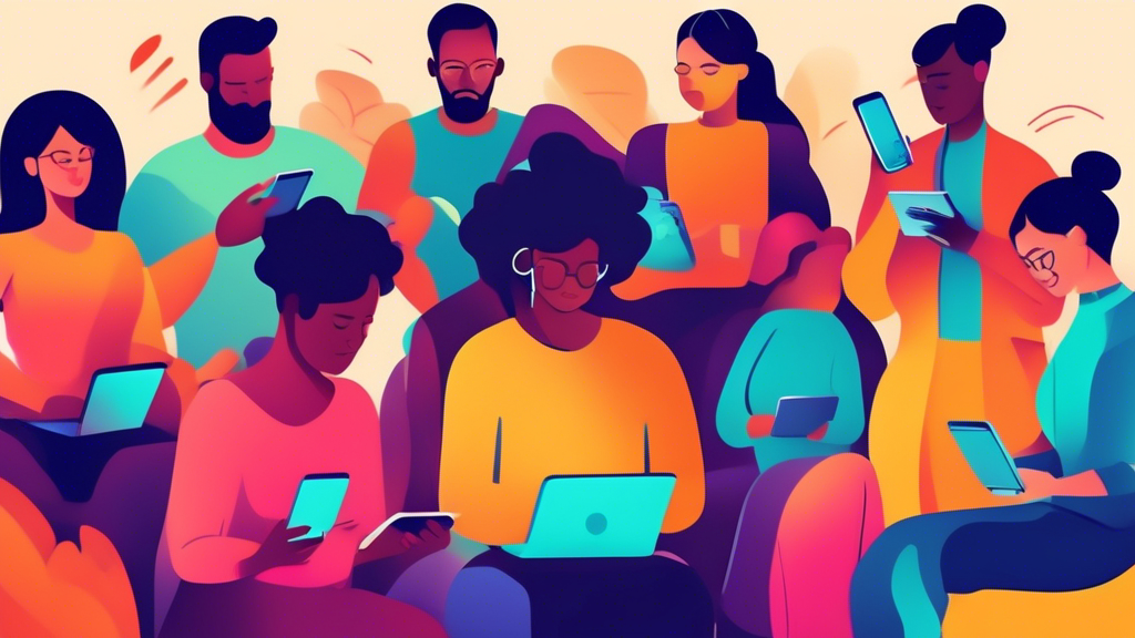 Create an image of a diverse group of people using electronic devices (phones, tablets, laptops) to access mental health resources such as therapy apps, online support groups, and mindfulness programs. The scene should convey a sense of connectivity,