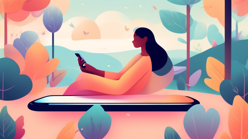 Create an image of a person looking relaxed and content while interacting with a smartphone app. The app's interface should feature calming colors and soothing animations to indicate its purpose of managing anxiety and depression. The background shou