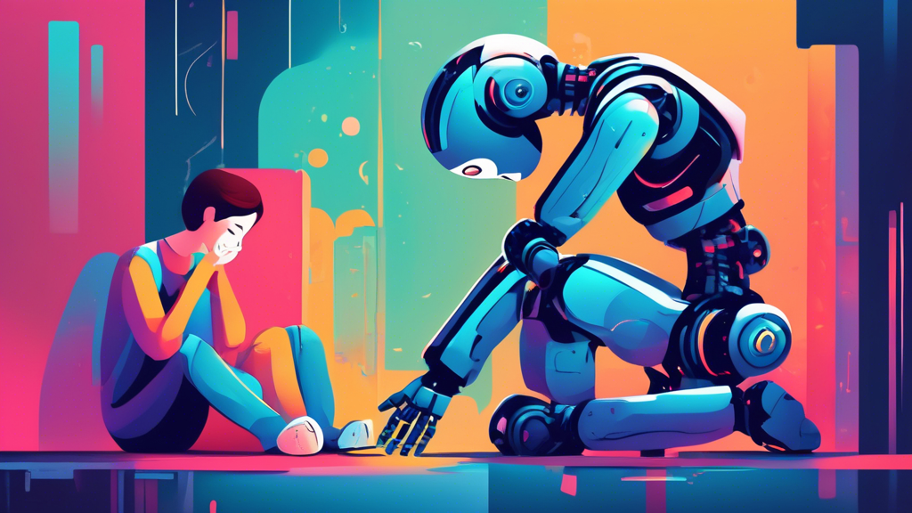 Create an image depicting a person being comforted by a robot companion, symbolizing the role of artificial intelligence in providing mental health support. The setting should convey a sense of empathy and understanding, highlighting the potential be