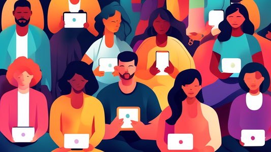 Create an image of a diverse group of people using various mental health apps on their smartphones, such as meditation, mood tracking, therapy, and relaxation apps, showcasing the importance of self-care through technology in today's digital age.